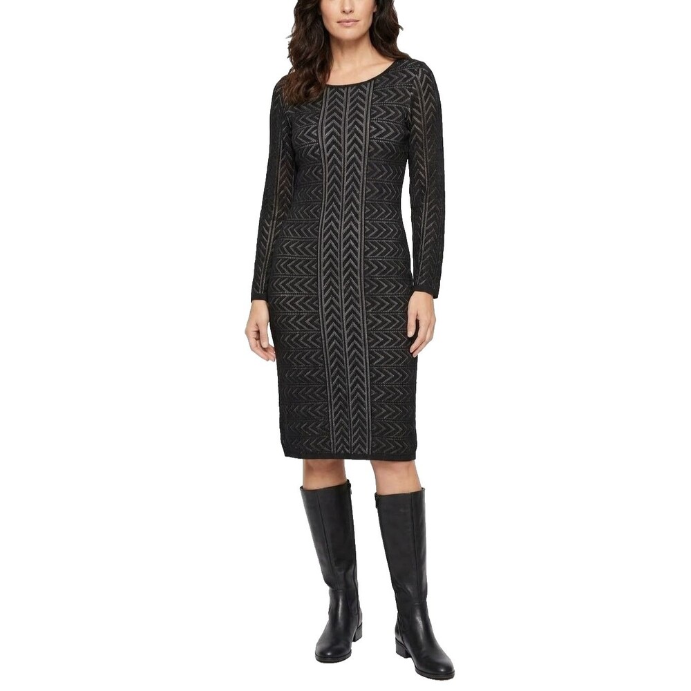 Calvin Klein Pointelle Knit Chevron Sweater Dress Womens Size M Black White $134